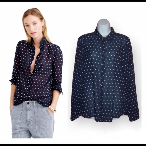 J. Crew Tops - J. Crew Navy/White Polka Dot Oversized Boy Shirt - Size 12 - EUC!